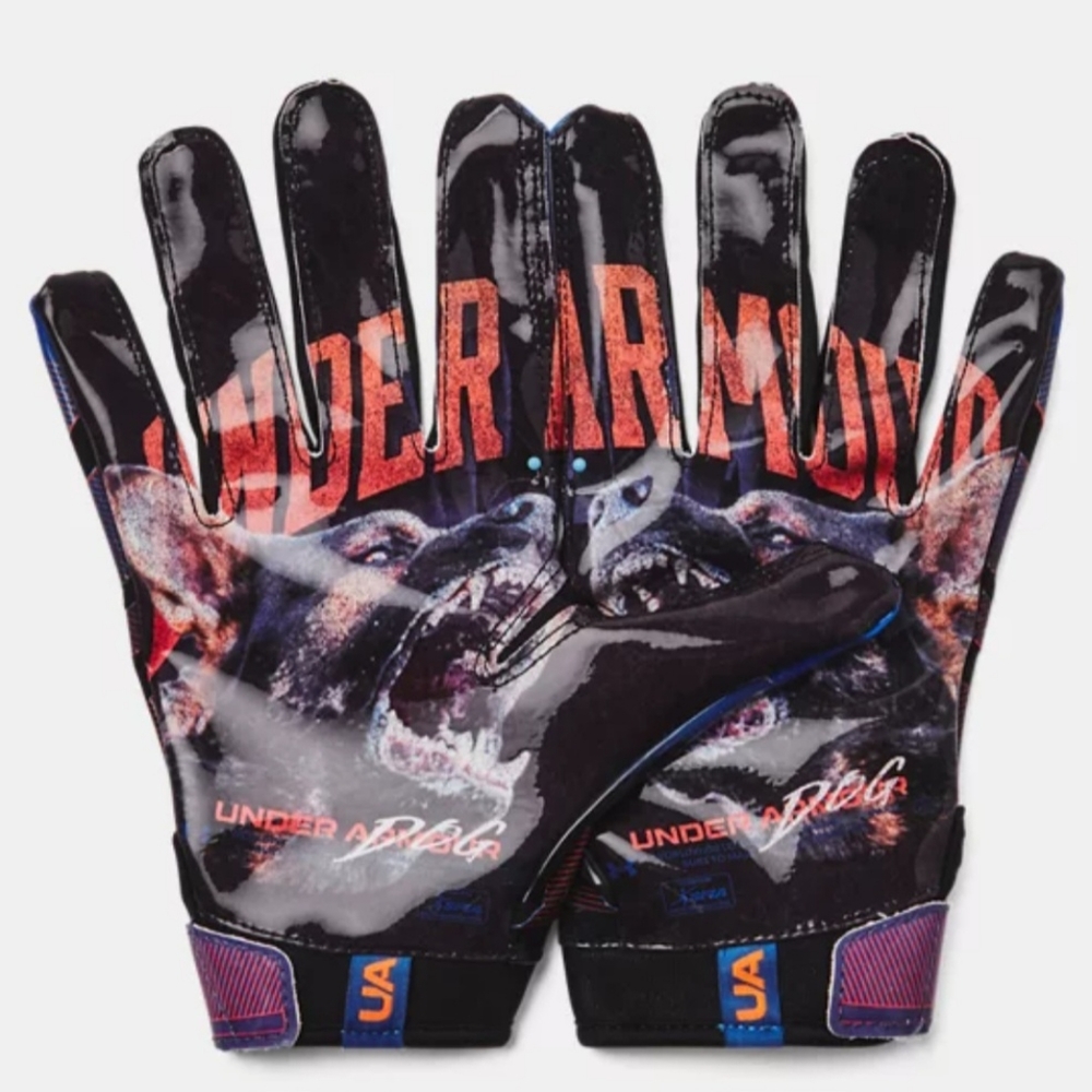 Under Armour UA F8 GlueGrip Football Gloves Men's Size XL "Under Dog" Black Blue